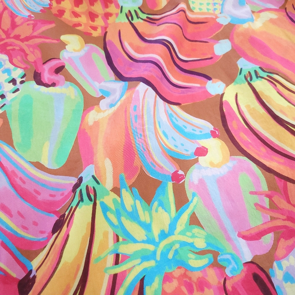 Farm Rio Fruit Salad Pastel Maxamilist Puff Sleeve Fruit Hearts Print Maxi Dress - Picture 9 of 14